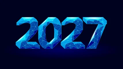 2027 New Year Number. Low Poly Blue Glowing Poster Business Technology. Calendar Celebrate Gift Decoration Card Illustration © LuckyStep