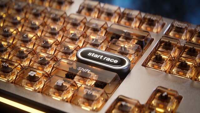 close-up of a custom-made premium keyboard with a key labeled "start race"