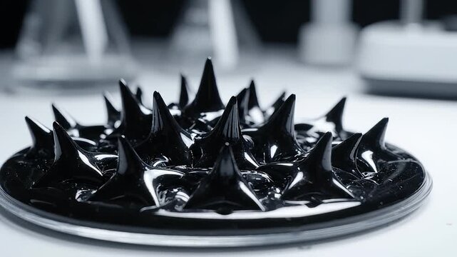 Ferrofluid magnetic liquid spikes forming in a scientific laboratory setting. High contrast black fluid abstract motion for physics and chemistry research.