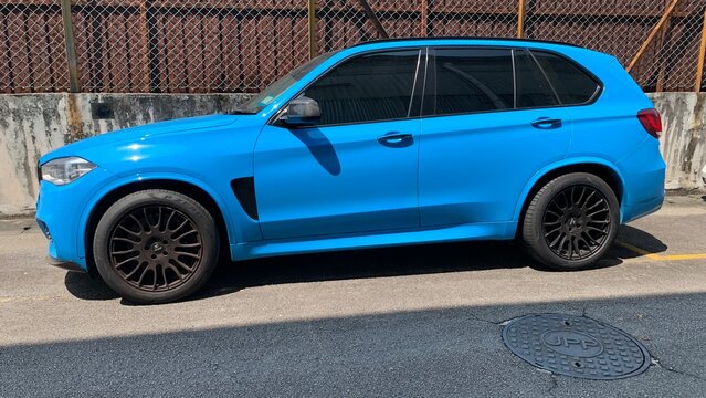 Selangor, Malaysia July 03th 2026- This blue BMW X5 M (F85) features a distinctive bright blue paint finish