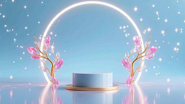 Dreamy stage with glowing ring and pink flowers
