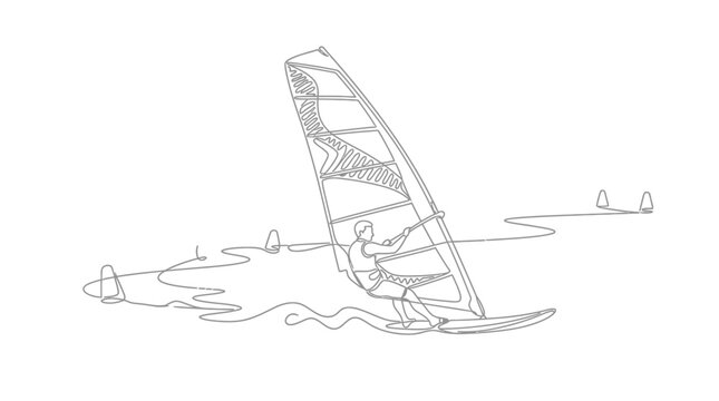 Continuous one line drawing of a competitive windsurfer navigating a race course with buoys on water. Minimalist black line art vector of a windsurf athlete with sail and board.