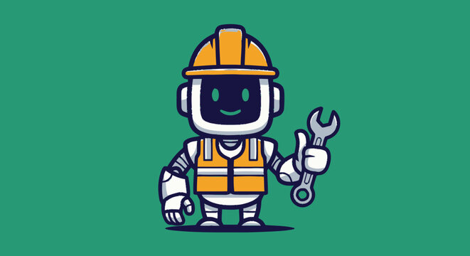 Cute cartoon robot construction worker wearing yellow hard hat and safety vest holding a wrench tool.