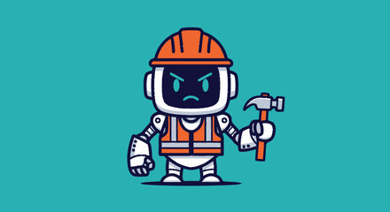 Fototapeta premium Cute Robot Construction Worker Holding Hammer Illustration.