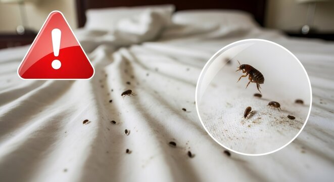 Fleas on white bed sheet with warning sign. Parasite infestation in household. Veterinary pet health concept. Prevention and control of insect pest for animal and human hygiene.