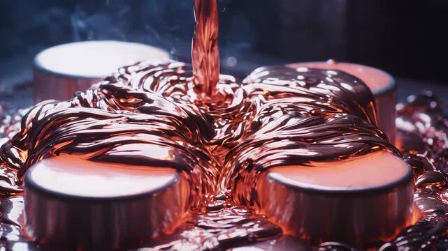 Molten copper pouring process in industrial manufacturing, close up shot of liquid metal filling circular molds.