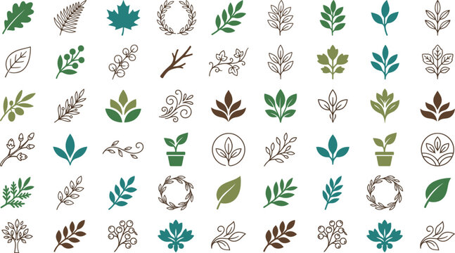 Botanical leaves and green branch icon mega set, nature foliage elements on white background bannerBotanical leaves and green branch icon mega set, nature foliage elements on white background banner
