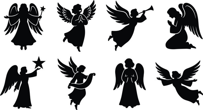 Angel Silhouette Collection with Praying Flying Trumpet and Guardian Angel Vector Set