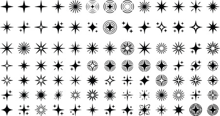 Sparkle and starburst black silhouette icon mega set, magic sparkling stars collection on white background © Akramul