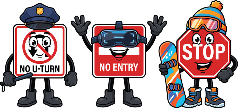 Traffic sign cartoon character collection set, funny stop warning symbols on clean white backgroundTraffic sign cartoon character collection set, funny stop warning symbols on clean white background