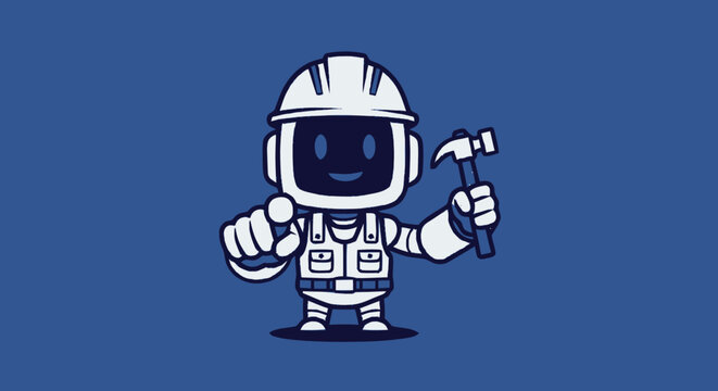 Cute robot construction worker character wearing hard hat and safety vest holding a hammer.