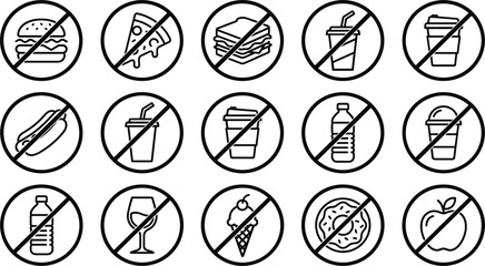 No food and drink forbidden sign icon set, black outline vector illustrations on white backgroundNo food and drink forbidden sign icon set, black outline vector illustrations on white background