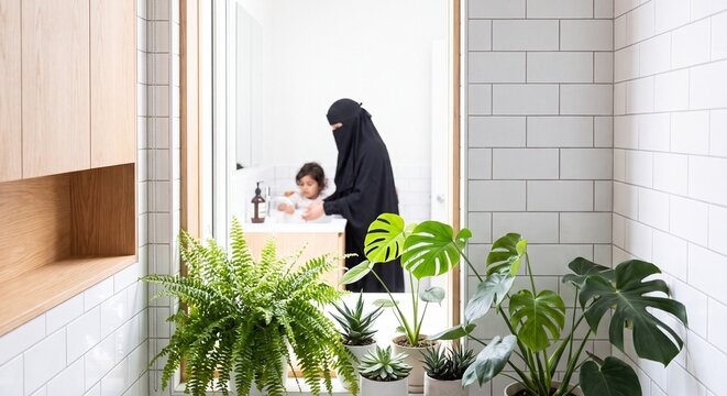 Muslim woman in niqab helping a young child wash hands in a modern bathroom with indoor plants