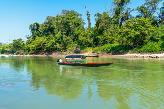 Usumacinta River tourboat to Yaxchilan mayan ruins on the Mexico - Guatemala border, Chiapas.