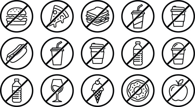 No food and drink forbidden sign icon set, black outline vector illustrations on white backgroundNo food and drink forbidden sign icon set, black outline vector illustrations on white background