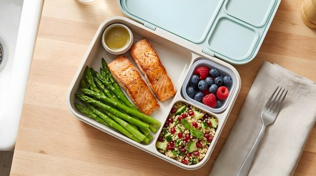 Packed lunch box with healthy food top view