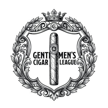 Vintage style emblem logo featuring a cigar and ornate decorative laurel wreath frame.