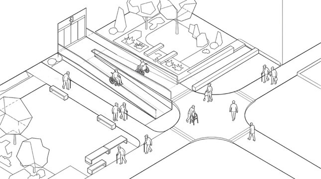 Architectural Accessibility Ramp Plaza Isometric CAD Block Wheelchair Drawing