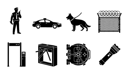 Security Icons Vector Set: Police Officer, Patrol Car, Guard Dog, Fence, Metal Detector, Turnstile, Vault Door, Flashlight. Safety and Protection Symbols. © Rifat