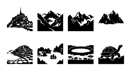 Obraz premium Vector Landscape Silhouettes Collection: Mountains, Castle, Savannah, Tortoise, and Coastal Scenery Icons