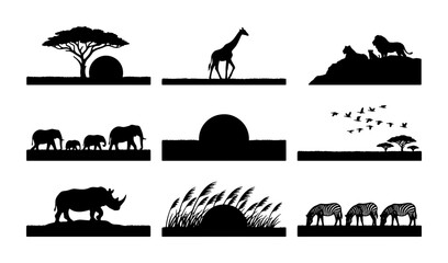 African Safari Silhouette Collection: Wildlife, Savanna Landscapes, and Sunset Scenes, Vector Graphics Set for Nature and Travel Designs © Rifat