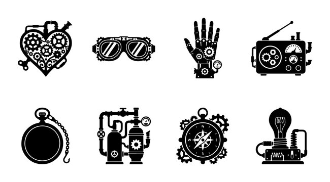Steampunk Icons Set: Gears, Goggles, Mechanical Heart, Compass, Radio, Lightbulb, Pocket Watch, Industrial Equipment Vector Graphics