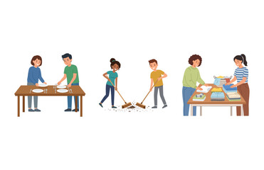 Fototapeta premium Diverse Group of People Collaborating Together on Various Household Chores and Cleaning Tasks