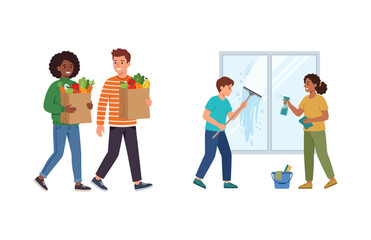 Fototapeta premium Diverse People Engaged in Daily Household Chores and Grocery Shopping Activities