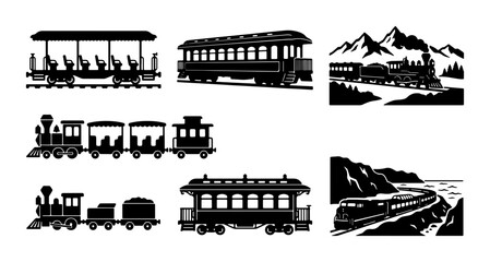 Vintage Train Collection, Retro Locomotive and Carriage Vector Icons, Classic Railroad Transportation Set © Safik