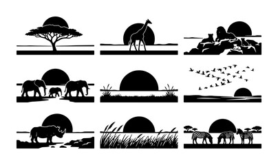 African Safari Sunset Silhouettes: 9 Vector Icons of Wildlife, Acacia Trees, and Savannah Landscapes for Nature and Travel Designs © Safik