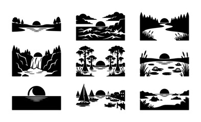 Obraz premium Vector Landscape Icons Set: Serene Nature Scenes, Waterfalls, Forests, Lakes, Sunsets, Rivers, and Coastal Views for Graphic Design