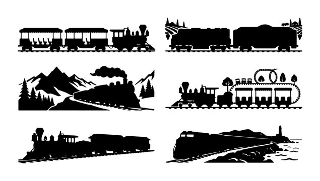 Vintage Steam Train Silhouettes, Retro Locomotive Collection, Classic Railway Scenes, Set of 6 Vector Illustrations