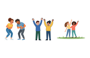 Diverse Group of Happy Friends Expressing Joy and Laughter in Flat Vector Illustrations