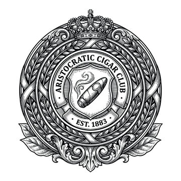 Vintage emblem design for an aristocratic cigar club featuring a smoking cigar and crown.