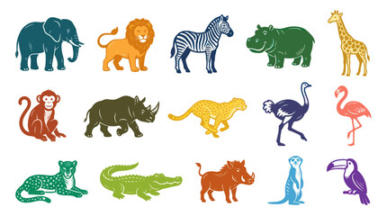 Fototapeta premium Wild Animals Vector Icons Set. Safari Wildlife Collection of Mammals, Birds and Reptiles in Flat Design Style.