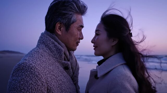 Middle aged couple standing on the beach at twilight, sharing an intimate and romantic moment together by the ocean waves.