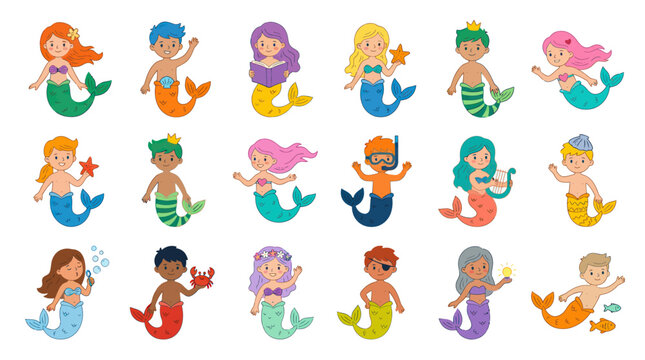 Cute Cartoon Flat Mermaids and Mermen Character Collection for Kids Fantasy Illustration