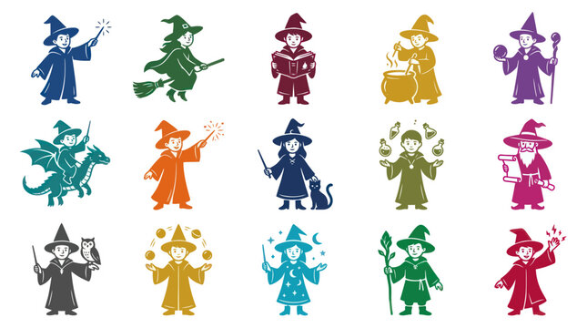 Children Wizards Magic Characters Set, Flat Style Vector Illustration