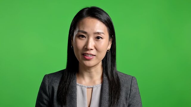 Professional Asian Woman Speaking Against Green Screen Background.