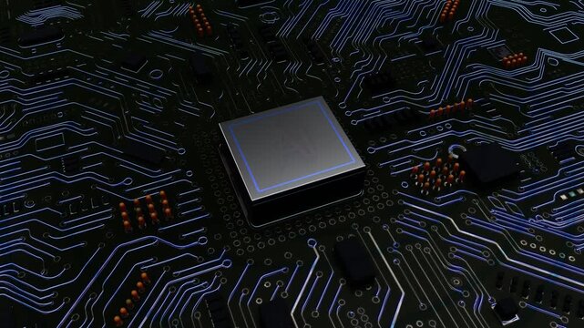 4K animation of a glowing AI processor on a futuristic circuit board with illuminated electronic pathways, representing artificial intelligence technology.