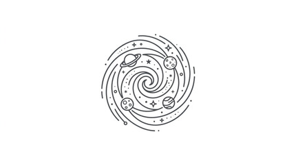 Stylized galaxy with planets and stars in a swirling vortex. © Rapli