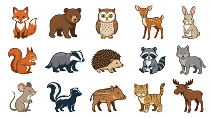 Obraz premium Adorable Cartoon Forest Animals Characters Vector Illustration Set. Cute Woodland Wildlife Mammals Collection