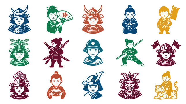 Japanese Samurai Warrior, Monk, Kendo, and Traditional Kids Stylized Glyph Illustrations Set