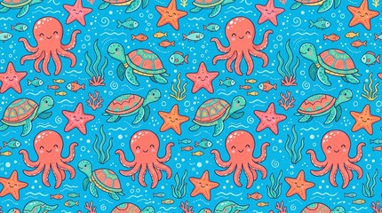 Naklejka premium vector seamless pattern with colorful Cute Funny Sea Creatures