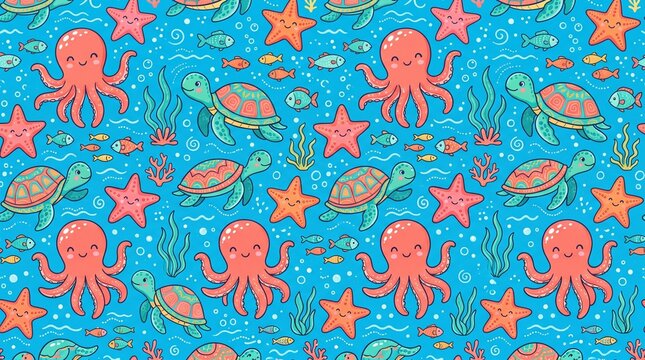 vector seamless pattern with colorful Cute Funny Sea Creatures