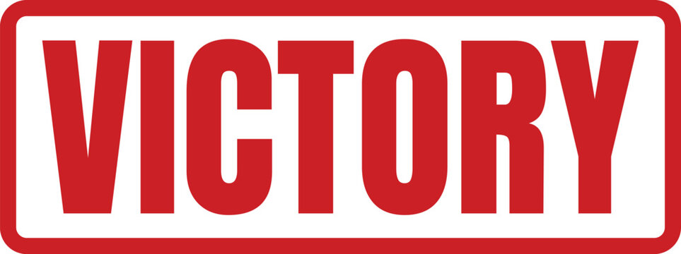 Red rectangular rubber stamp design featuring the word victory in strong bold capital block letters