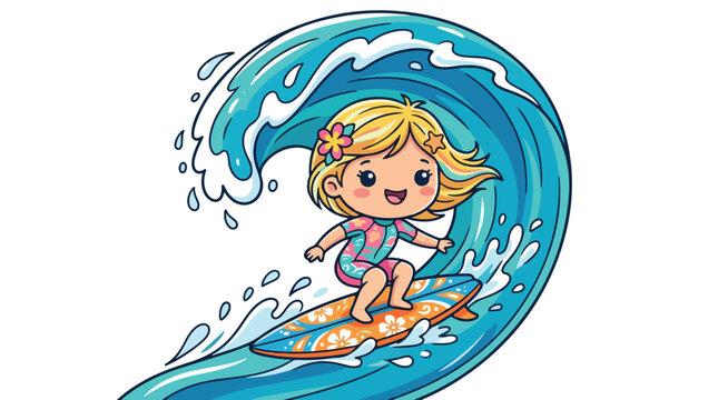 A cartoon illustration of a cheerful young girl surfing on a vibrant wave with a colorful surfboard against a clean white background.