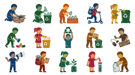 Fototapeta premium Flat Illustration Set: Kids Recycling Waste, Reusing Items Practicing Environmental Sustainability.