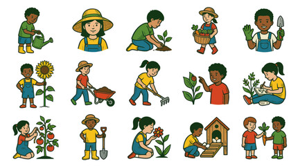 Fototapeta premium Children Gardening and Farming Activities, Vector Illustrations, Flat Style