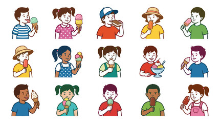 Fototapeta premium Flat Style Vector Illustration of Diverse Children Enjoying Ice Cream